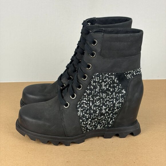 Sorel Joan of Arctic Tweed Wedge Boots Womens 9 Black White Lace Up Casual - Picture 1 of 10